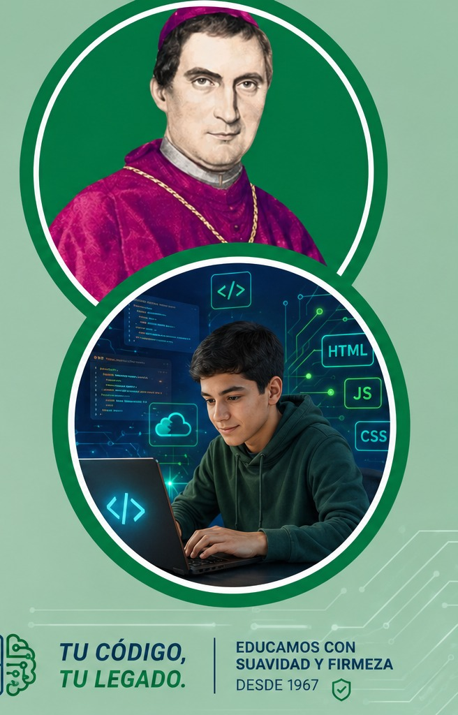 Monseñor Giovanni Antonio Farina y estudiante del Bachillerato Técnico en Desarrollo de Software
